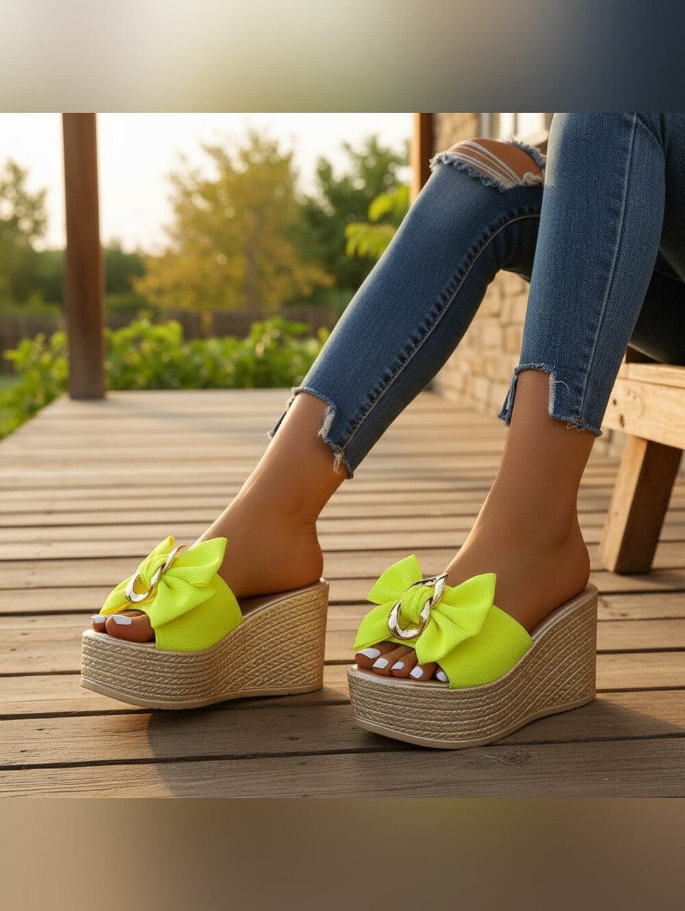 Gold Chain Oversized Bow Platform Open Toe Shoes Slip On Coquette Sandals Neon